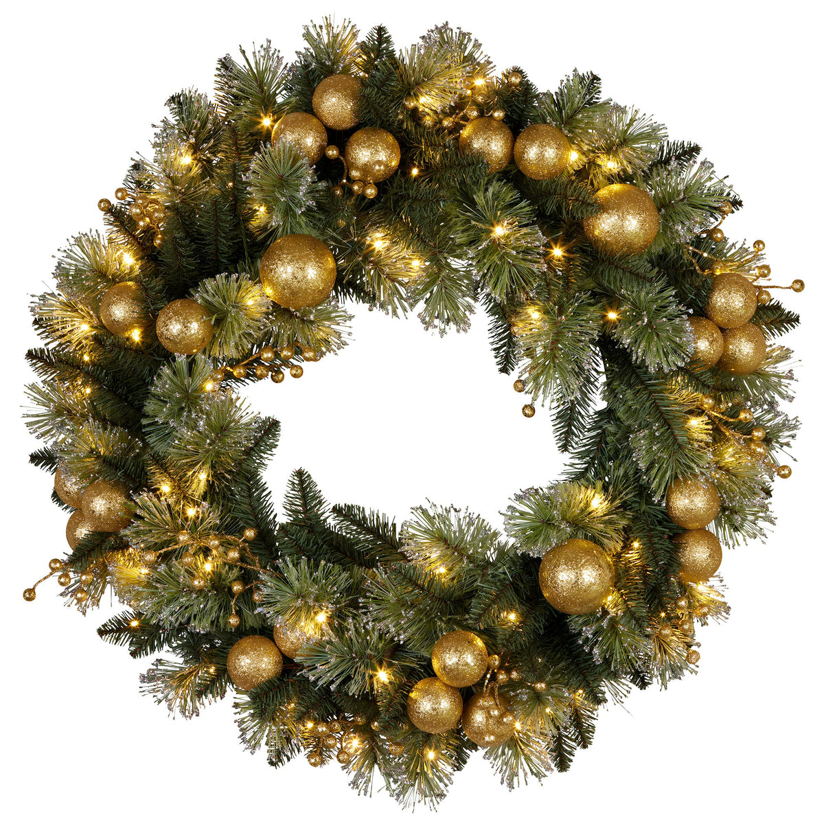 Christabelle 76cm Christmas Wreath Glittery with LED Lights Golden Baubles Front Door Decoration Ornament