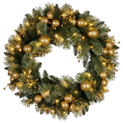 Christabelle 76cm Christmas Wreath Glittery with LED Lights Golden Baubles Front Door Decoration Ornament