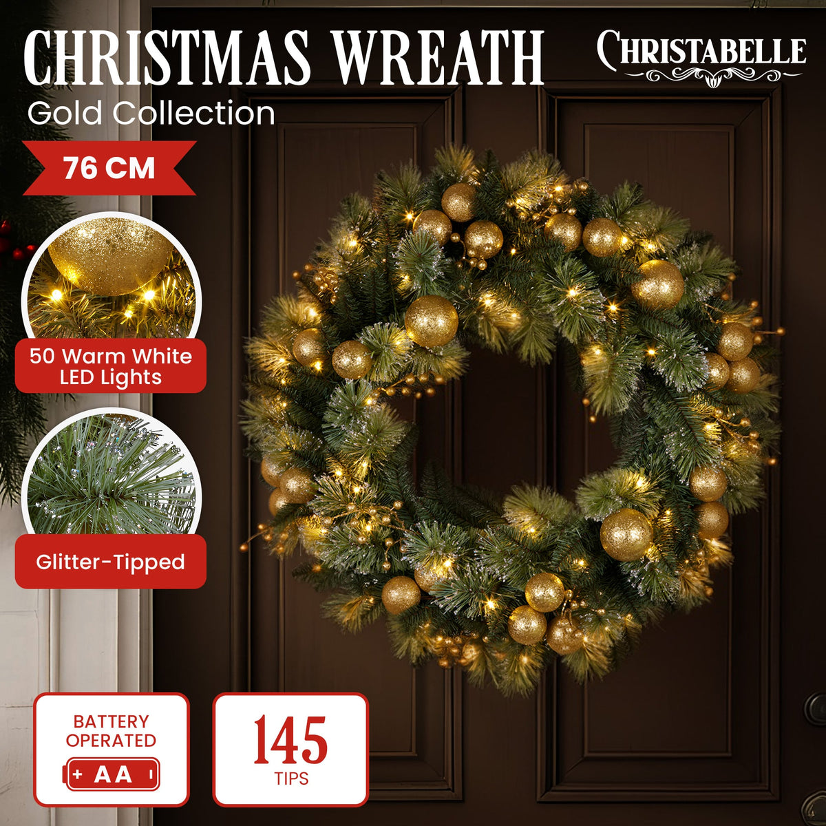 Christabelle 76cm Christmas Wreath Glittery with LED Lights Golden Baubles Front Door Decoration Ornament