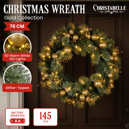 Christabelle 76cm Christmas Wreath Glittery with LED Lights Golden Baubles Front Door Decoration Ornament