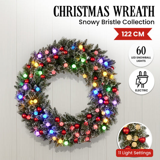 Christabelle Snowy Bristle Multicolour Pre-Lit Christmas Wreath - 122cm