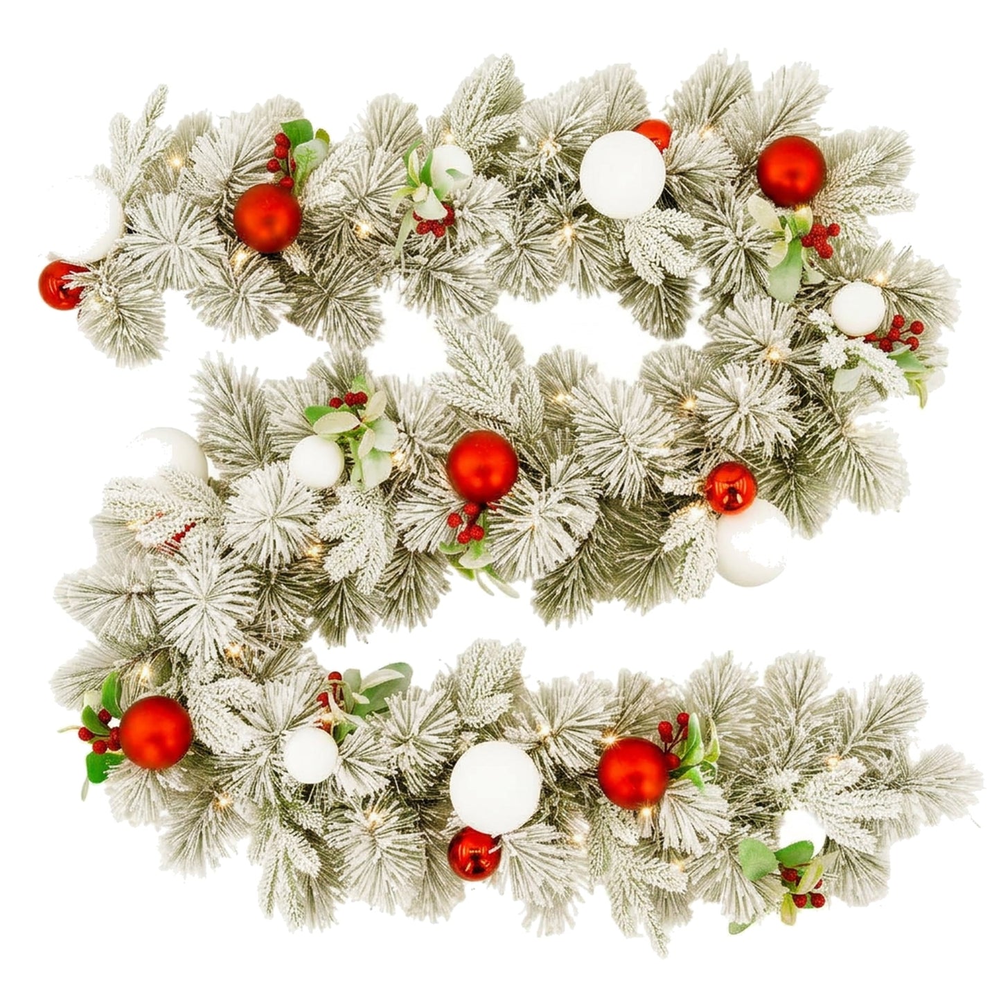 Christabelle 2.74m Snowy Elegance Christmas Garland Pre Lit Warm White LED Red Baubles Berries Flocked Mantel Banister