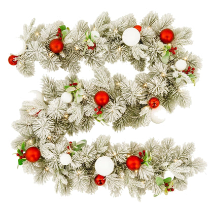 Christabelle 2.74m Snowy Elegance Christmas Garland Pre Lit Warm White LED Red Baubles Berries Flocked Mantel Banister