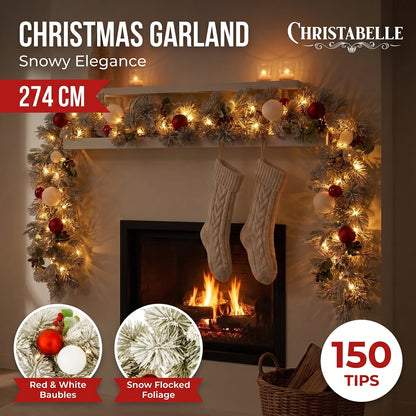Christabelle 2.74m Snowy Elegance Christmas Garland Pre Lit Warm White LED Red Baubles Berries Flocked Mantel Banister
