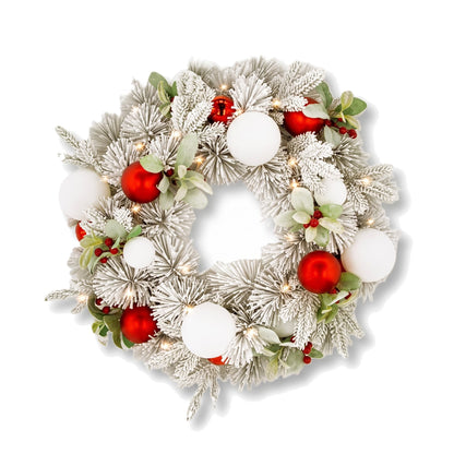 Christabelle 61cm Snowy Elegance Christmas Wreath Pre Lit Warm White LED Red Baubles Berries Front Door Xmas Decoration