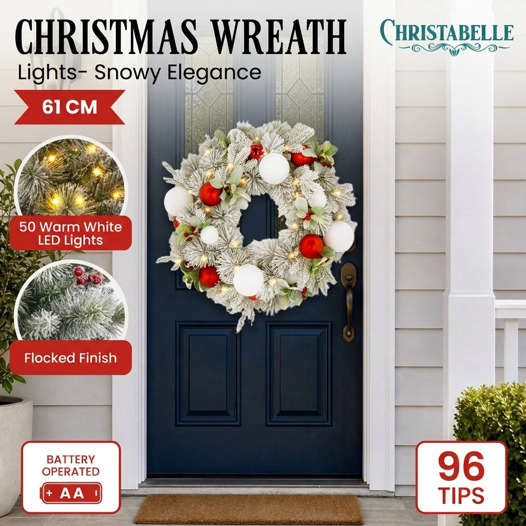 Christabelle 61cm Snowy Elegance Christmas Wreath Pre Lit Warm White LED Red Baubles Berries Front Door Xmas Decoration