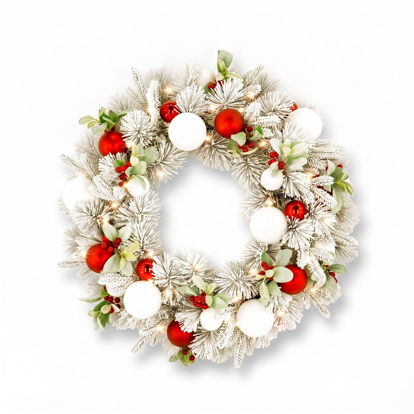 Christabelle 76cm Snowy Elegance Christmas Wreath Pre Lit Warm White LED Red Baubles Berries Front Door Xmas Decoration