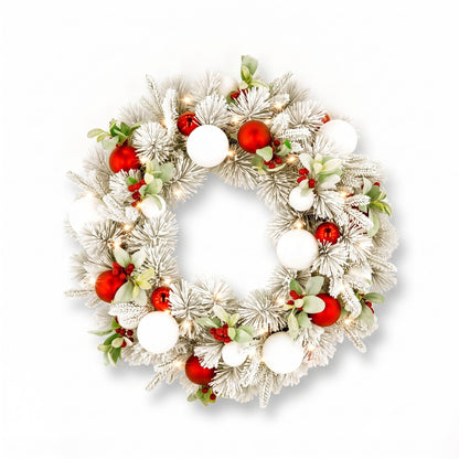 Christabelle 76cm Snowy Elegance Christmas Wreath Pre Lit Warm White LED Red Baubles Berries Front Door Xmas Decoration