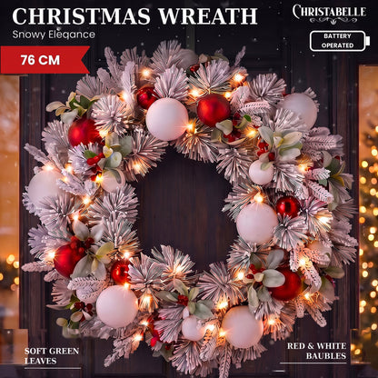 Christabelle 76cm Snowy Elegance Christmas Wreath Pre Lit Warm White LED Red Baubles Berries Front Door Xmas Decoration