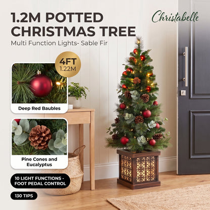 Christabelle 1.2m 4ft Sable Fir Potted Christmas Tree Pre Lit Multi Function LED Artificial Indoor Xmas Decor Home