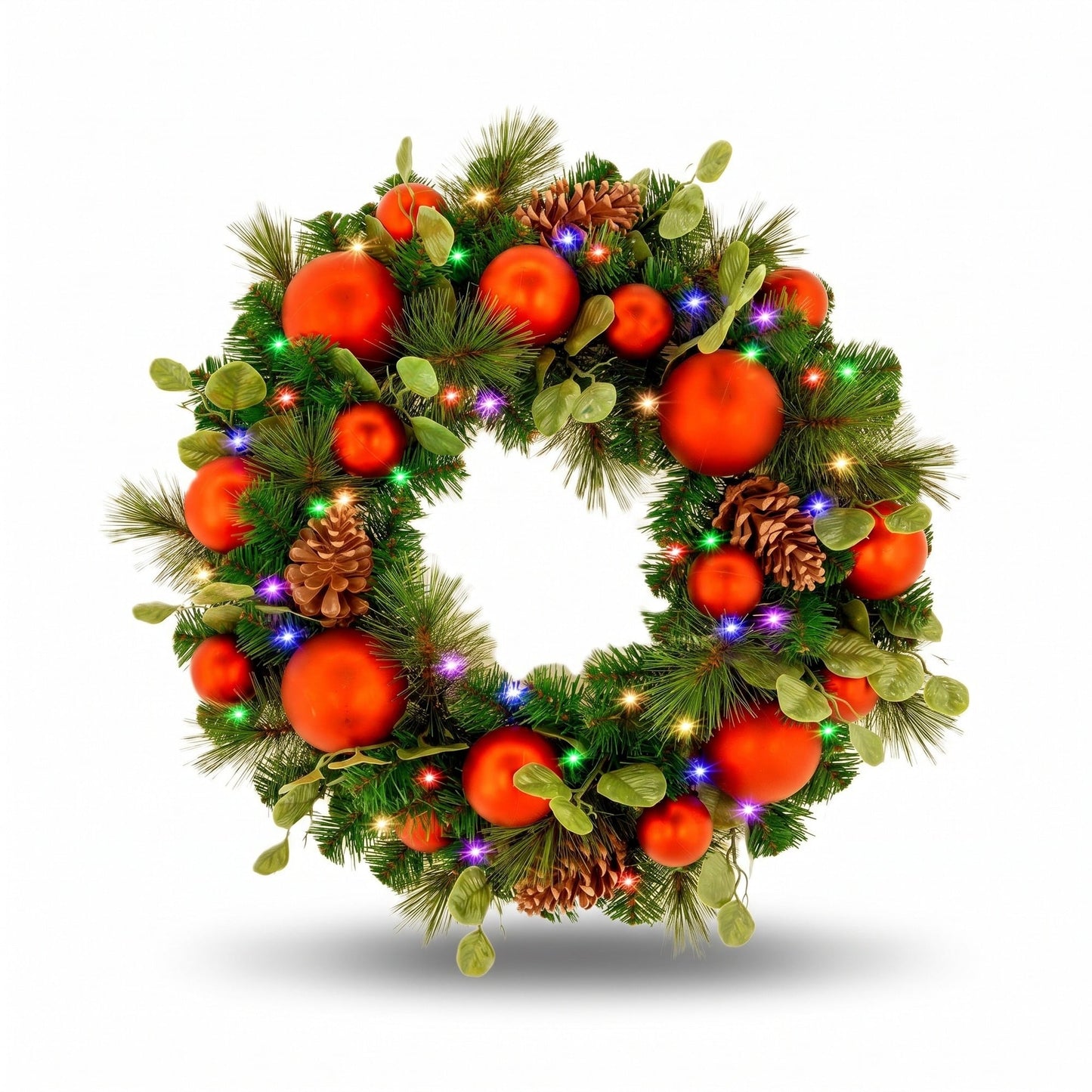 Christabelle 61cm Sable Fir Christmas Wreath Pre Lit Multi Function LED Eucalyptus Pine Cones Red Baubles Home