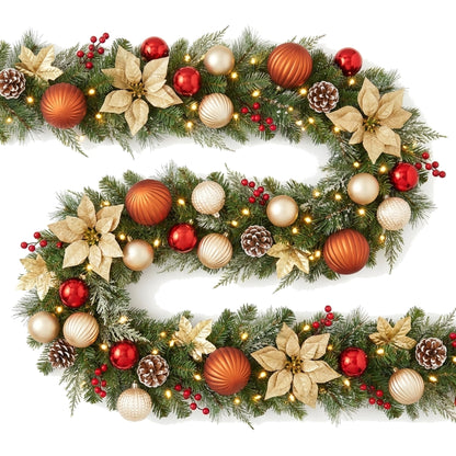 Christabelle 2.74m Timeless Elegance Christmas Garland Pre Lit Multi Function LED Gold Red Baubles Pine Cones Timer Home