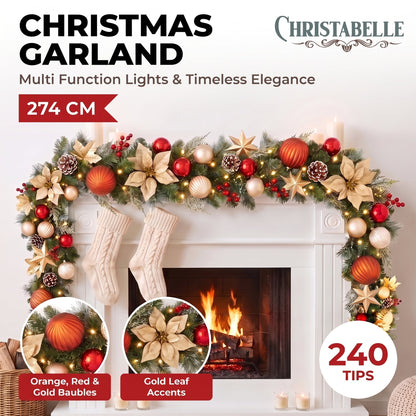 Christabelle 2.74m Timeless Elegance Christmas Garland Pre Lit Multi Function LED Gold Red Baubles Pine Cones Timer Home