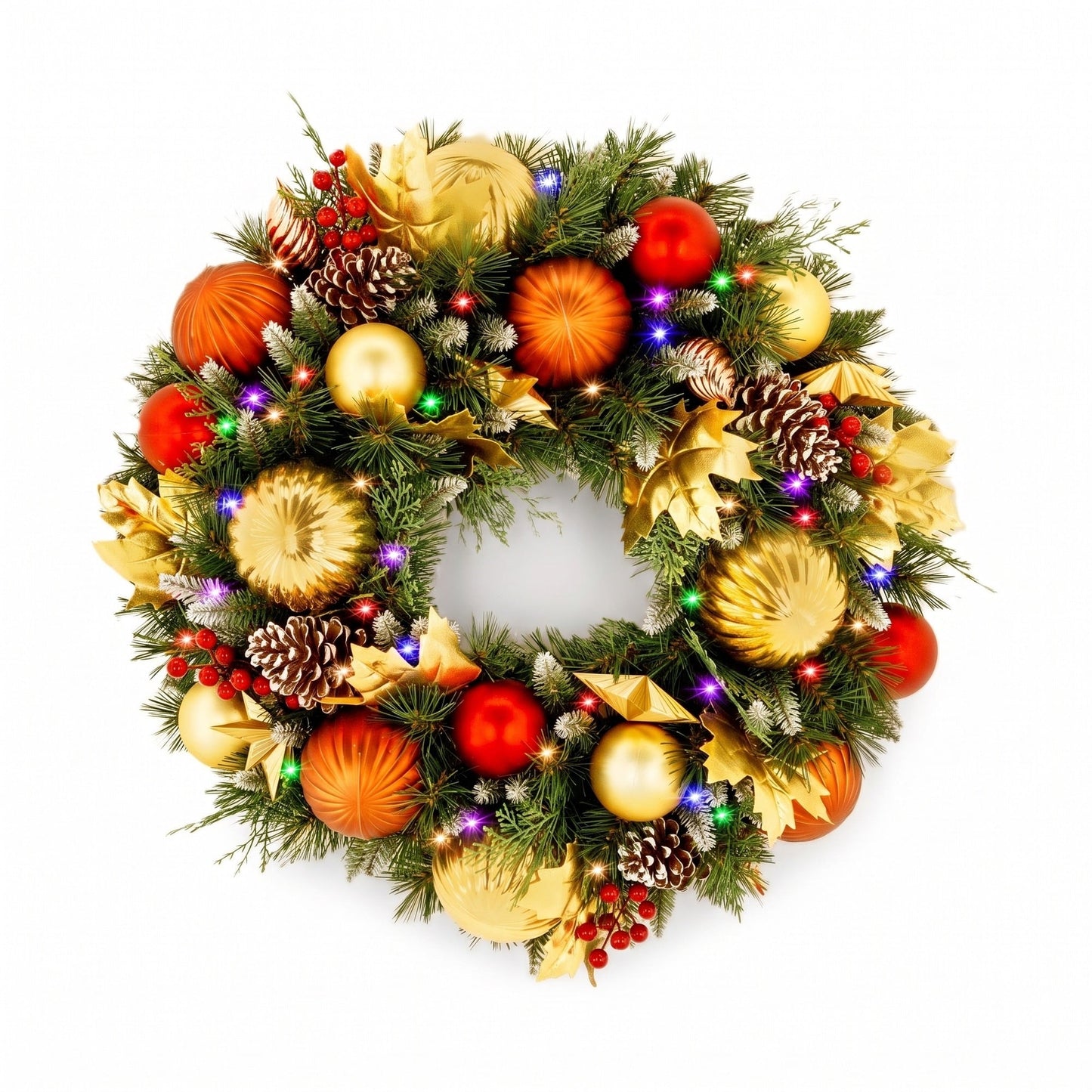 Christabelle 61cm Timeless Elegance Christmas Wreath Pre Lit Multi Function LED Gold Red Baubles Pine Cones Timer Home