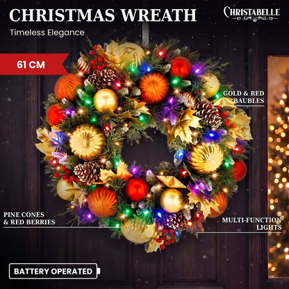 Christabelle 61cm Timeless Elegance Christmas Wreath Pre Lit Multi Function LED Gold Red Baubles Pine Cones Timer Home