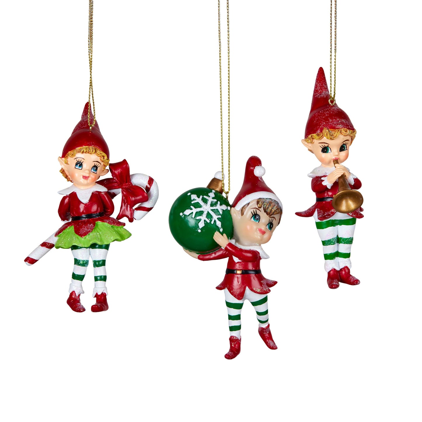 Christabelle 3 Elf Christmas Ornaments Assorted Novelty Figures 10.5cm Xmas Tree Decorations Hanging Baubles