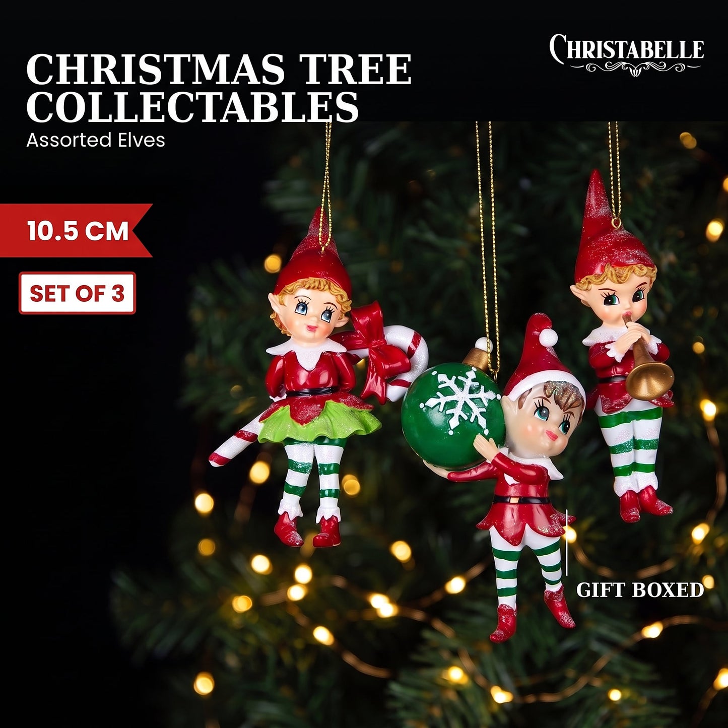 Christabelle 3 Elf Christmas Ornaments Assorted Novelty Figures 10.5cm Xmas Tree Decorations Hanging Baubles