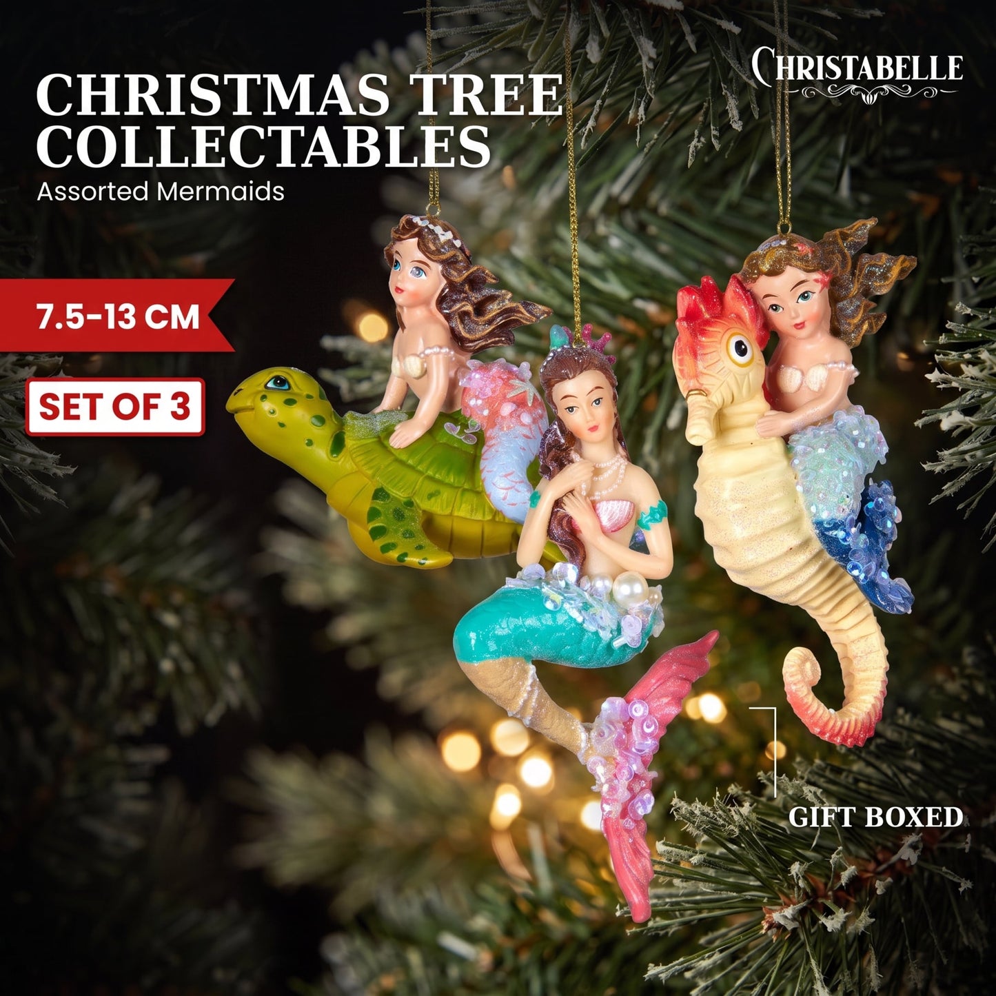 Christabelle 3 Mermaid Christmas Ornaments Assorted Novelty Figures 13cm Xmas Tree Decorations Hanging Baubles