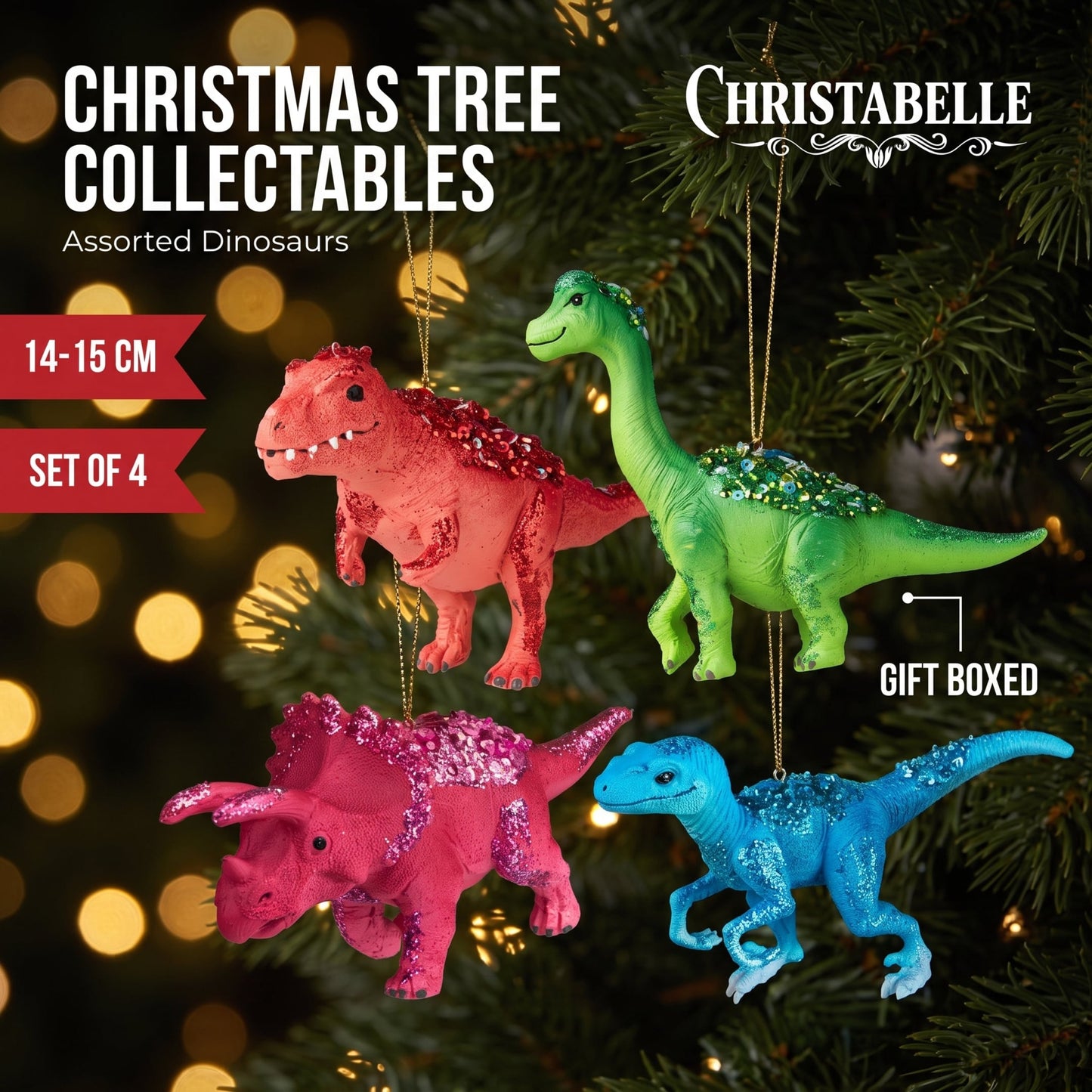 Christabelle 4 Dinosaur Christmas Ornaments Assorted Novelty Figures 15cm Xmas Tree Decorations Hanging Baubles