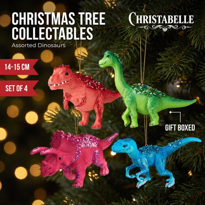 Christabelle 4 Dinosaur Christmas Ornaments Assorted Novelty Figures 15cm Xmas Tree Decorations Hanging Baubles