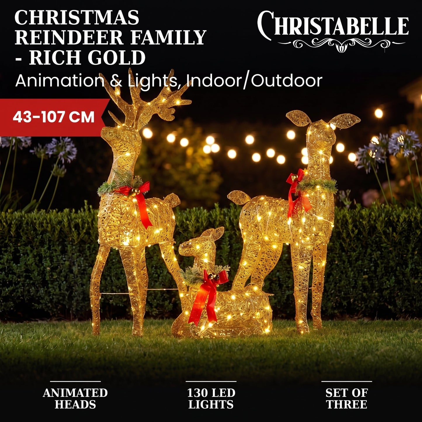 Christabelle 3 Reindeer Family Christmas Light Up Display 1.07m Rich Gold Animated Outdoor Indoor Xmas Yard Lawn Statue