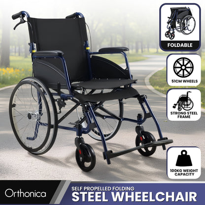 Orthonica 20in Self Propelled Foldable Steel Wheelchair Lightweight Portable