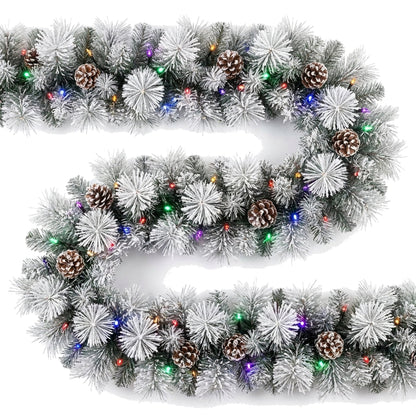 Christabelle 2.74m Alpine Snow Christmas Garland Pre Lit Multi Function LED Timer Flocked Pine Cones