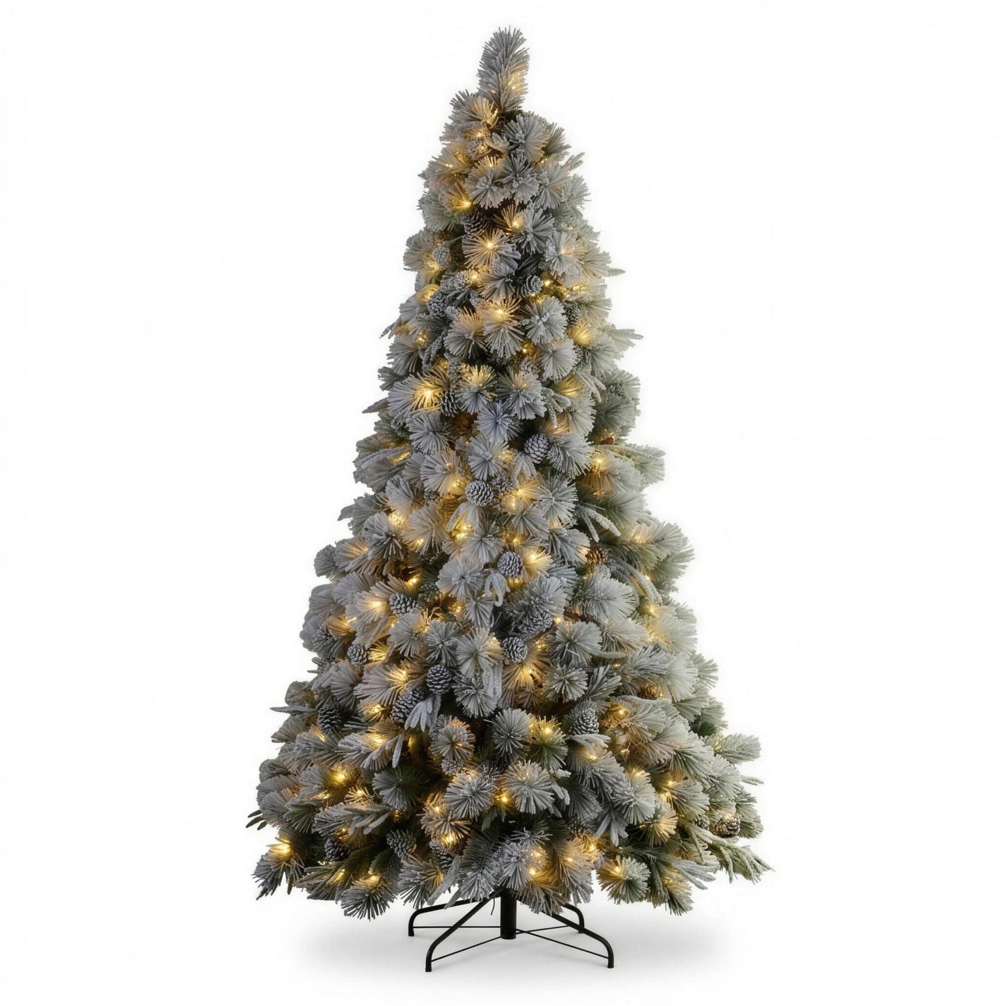 Christabelle 2.3m 7.5ft Alpine Snow Christmas Tree Pre Lit Multi Function LED Flocked Pine Cones Hinged Branches Home