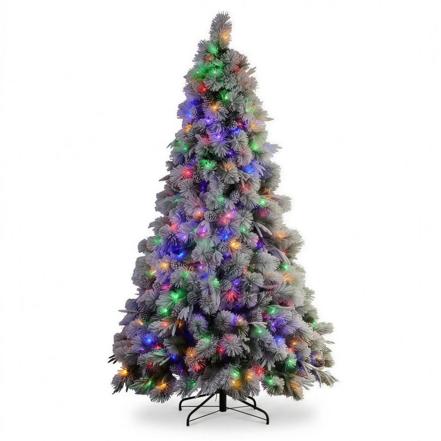 Christabelle 2.3m 7.5ft Alpine Snow Christmas Tree Pre Lit Multi Function LED Flocked Pine Cones Hinged Branches Home