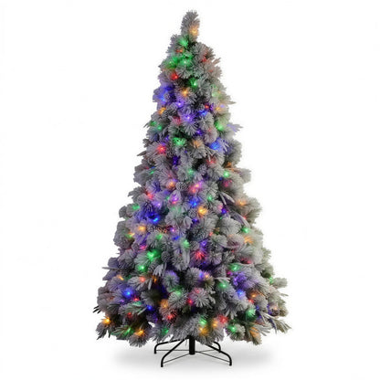 Christabelle 2.3m 7.5ft Alpine Snow Christmas Tree Pre Lit Multi Function LED Flocked Pine Cones Hinged Branches Home