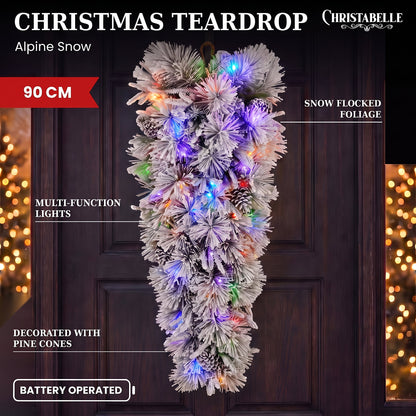 Christabelle 90cm Alpine Snow Christmas Teardrop Pre Lit Multi Function LED Timer Flocked Pine Cones Home