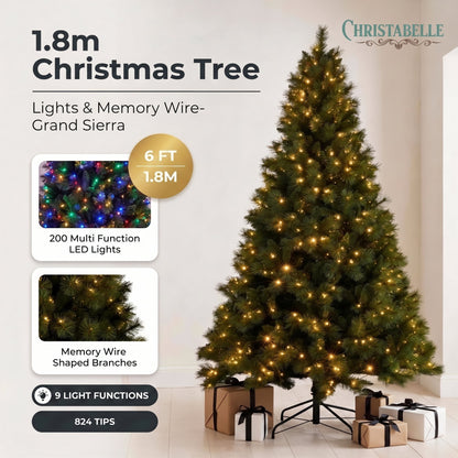 Christabelle 1.8m 6ft Grand Sierra Christmas Tree Pre Lit Multi Function LED Memory Wire Artificial Indoor Xmas Decor