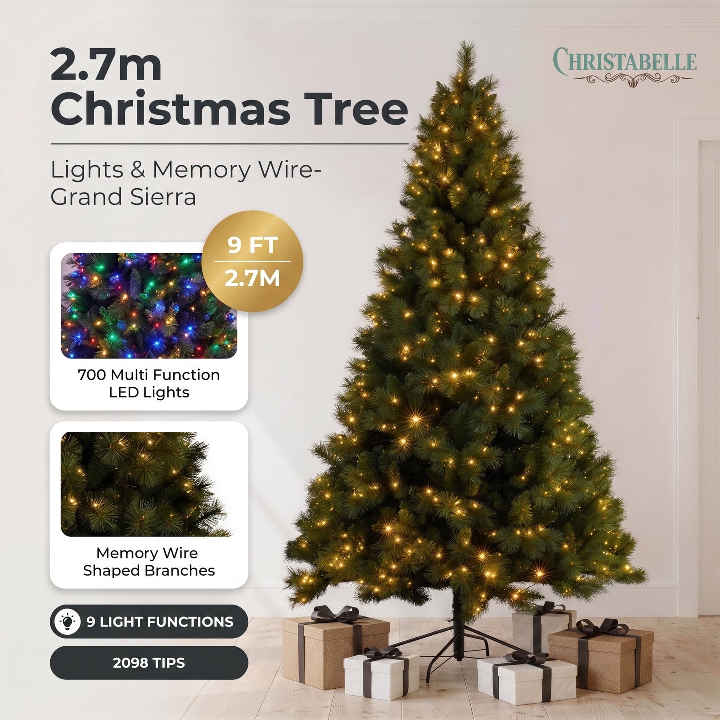 Christabelle 2.7m 9ft Grand Sierra Christmas Tree Pre Lit Multi Function LED Memory Wire Artificial Indoor Xmas Decor