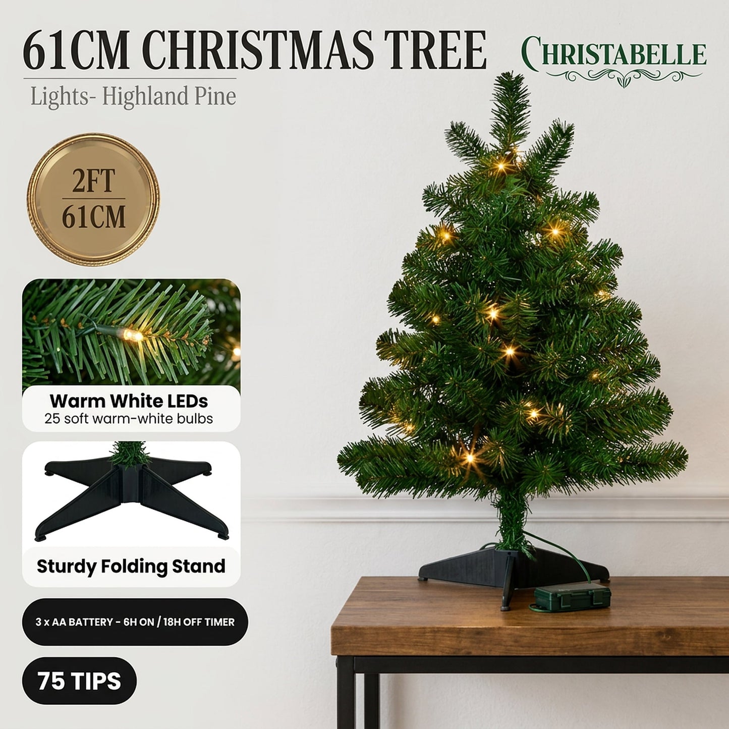 Christabelle 61cm 2ft Highland Pine Christmas Tree Pre Lit Warm White LED Timer Tabletop Artificial Indoor Xmas Decor