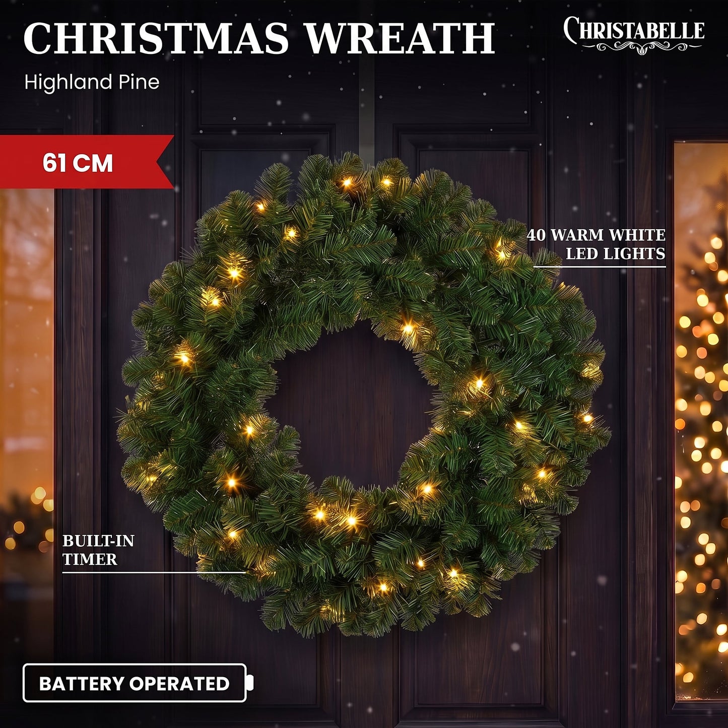 Christabelle 61cm Highland Pine Christmas Wreath Pre Lit Warm White LED Battery Operated Timer Hanging Wall Display Home