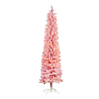 Christabelle 1.8m 6ft Pink Fairy Floss Christmas Tree Pre Lit RGB LED Flocked Slim Artificial Indoor Xmas Decor Home