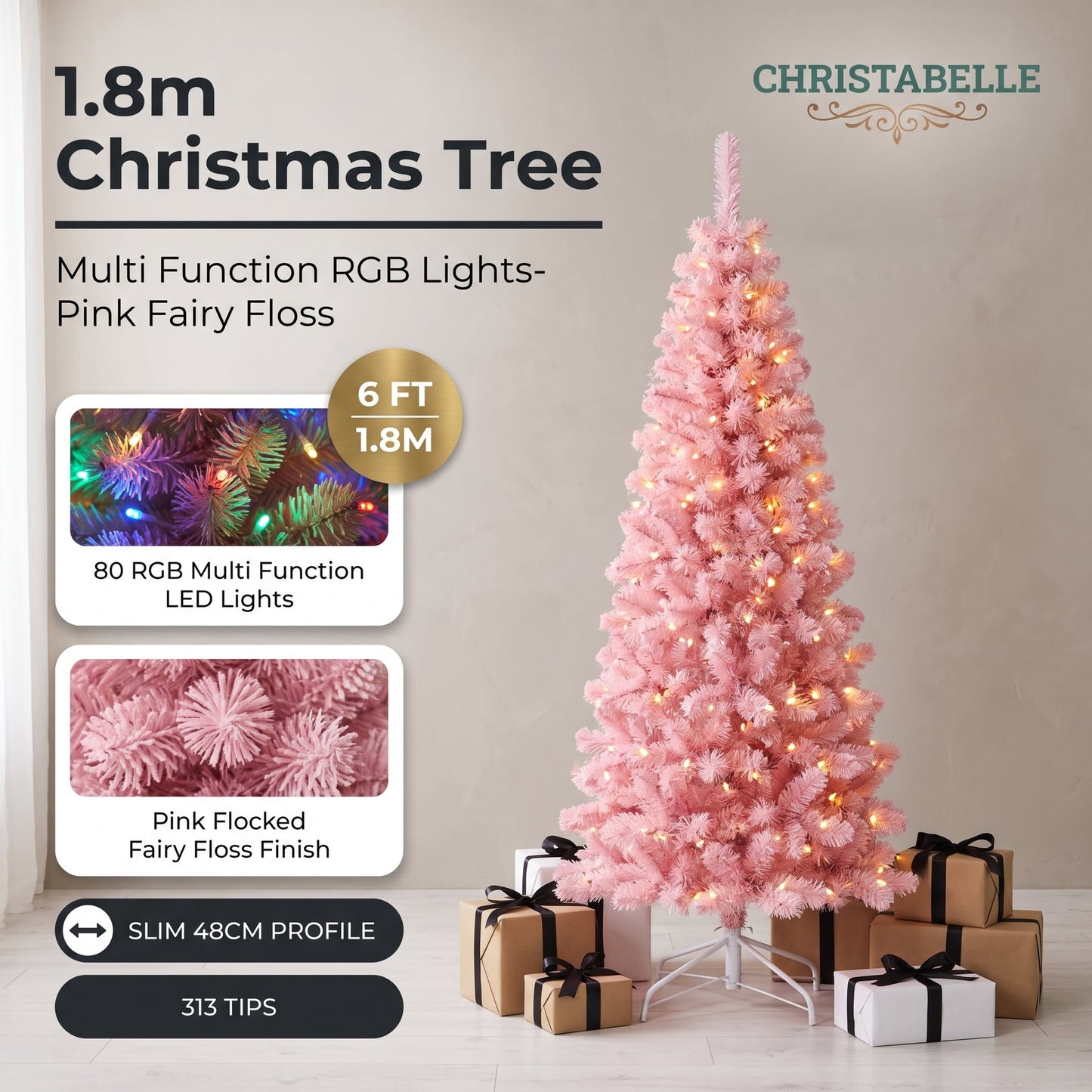 Christabelle 1.8m 6ft Pink Fairy Floss Christmas Tree Pre Lit RGB LED Flocked Slim Artificial Indoor Xmas Decor Home