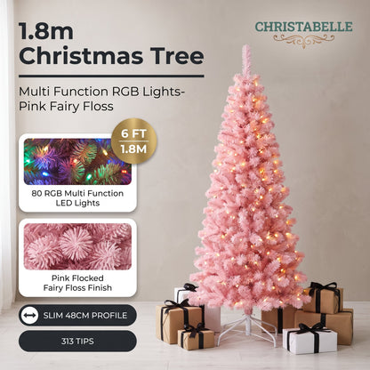Christabelle 1.8m 6ft Pink Fairy Floss Christmas Tree Pre Lit RGB LED Flocked Slim Artificial Indoor Xmas Decor Home