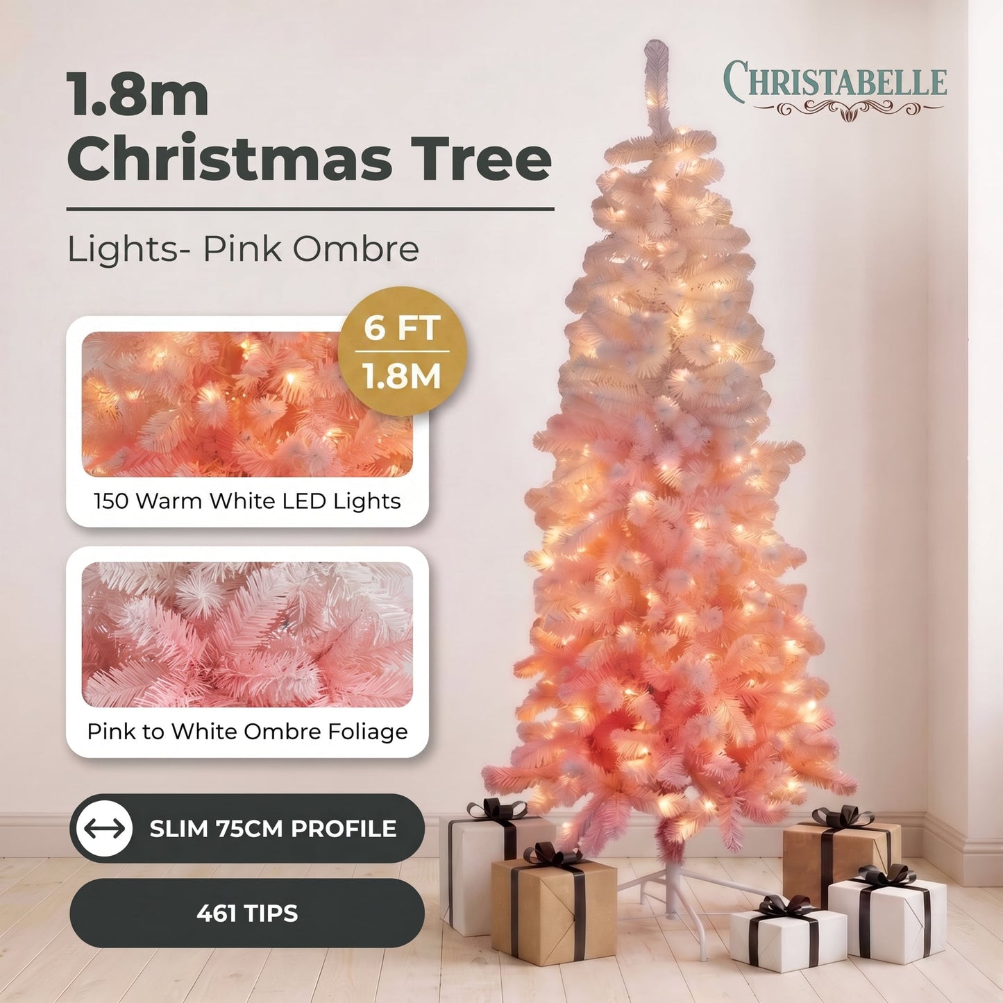 Christabelle 1.8m 6ft Pink Ombre Christmas Tree Pre Lit Warm White LED Foliage Artificial Indoor Xmas Decor Home