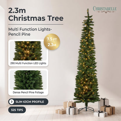 Christabelle 2.3m 7.5ft Pencil Pine Christmas Tree Pre Lit Multi Function LED Slim Artificial Indoor Xmas Decor Home