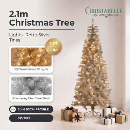 Christabelle 2.1m 7ft Silver Tinsel Christmas Tree Pre Lit Warm White LED Retro Artificial Indoor Xmas Decor Home