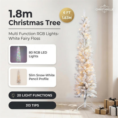 Christabelle 1.8m 6ft White Fairy Floss Christmas Tree Pre Lit RGB LED Flocked Slim 20 Modes Festive Holiday Decoration