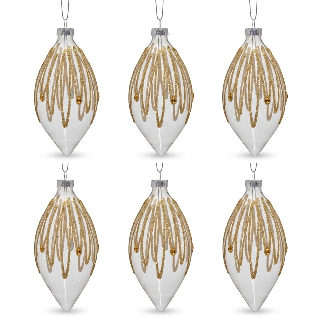 Christabelle 6 Glass Christmas Teardrop Baubles Gold Shimmer Jewels 13cm Xmas Tree Decorations Hanging Ornaments