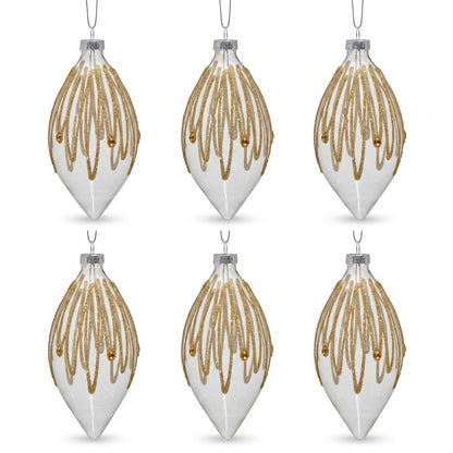Christabelle 6 Glass Christmas Teardrop Baubles Gold Shimmer Jewels 13cm Xmas Tree Decorations Hanging Ornaments
