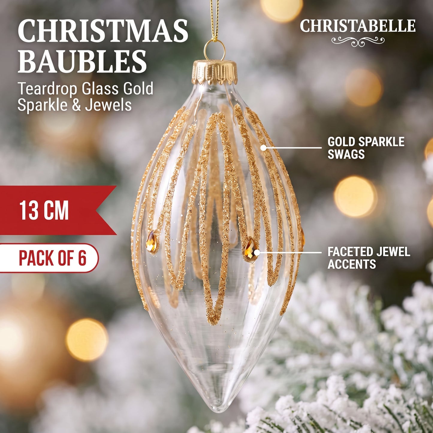 Christabelle 6 Glass Christmas Teardrop Baubles Gold Shimmer Jewels 13cm Xmas Tree Decorations Hanging Ornaments