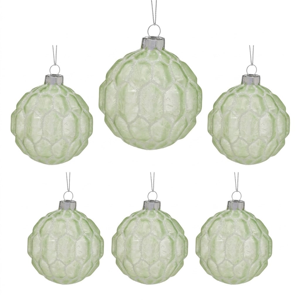 Christabelle 6 Pale Green Glass Christmas Baubles White Shimmer 8cm Xmas Tree Decorations Hanging Ornaments