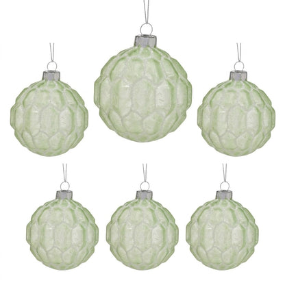 Christabelle 6 Pale Green Glass Christmas Baubles White Shimmer 8cm Xmas Tree Decorations Hanging Ornaments