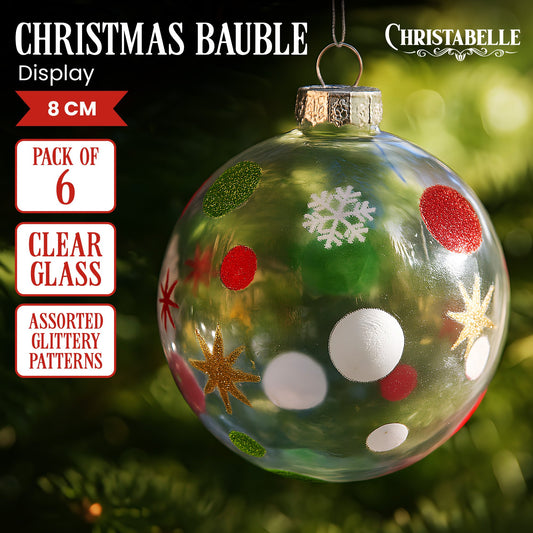 Christabelle Glass Baubles 6 Pcs with Assorted Patterns Balls Christmas Tree Decoration Ornament
