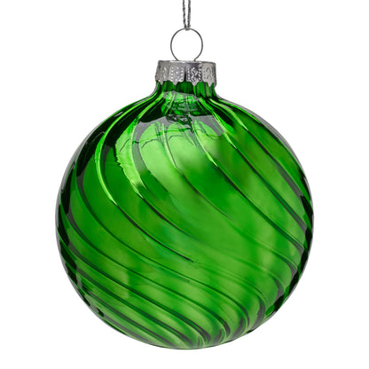 Christabelle Box of 6 Rich Green Glass Baubles with Stripe Wave Pattern
