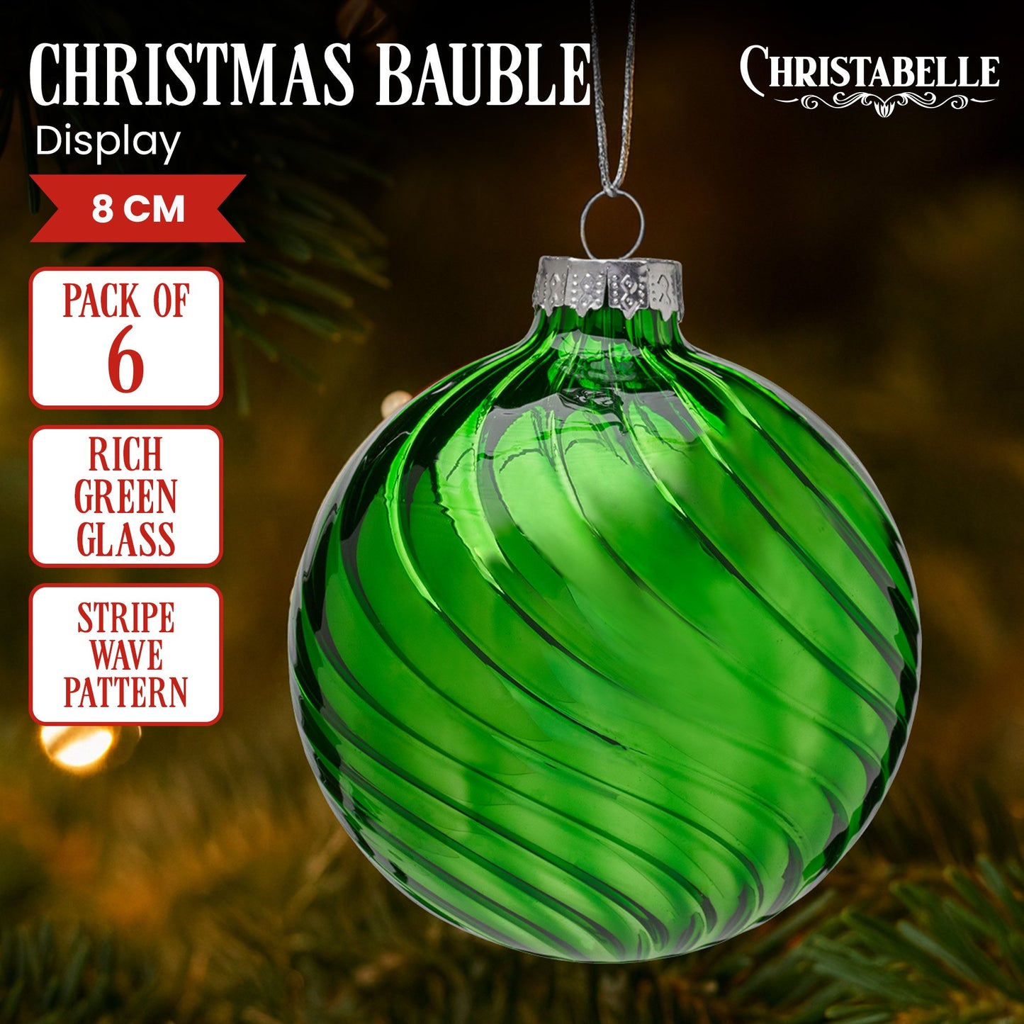 Christabelle Box of 6 Rich Green Glass Baubles with Stripe Wave Pattern